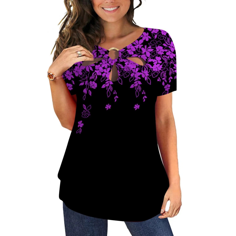 Women Summer Short Sleeve Shirt Cut Out Printed Round Neck T Shirt Casual Female Short Sleeve Top Purple L