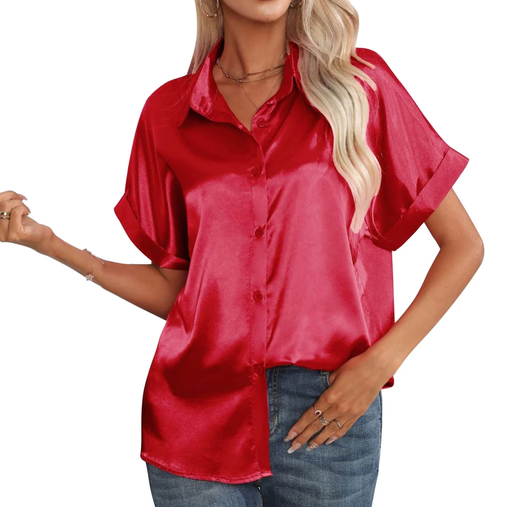 Women Satin Silk Blouse Single Breasted Button Short Sleeve Turn Down Collar Casual Shirt Red S