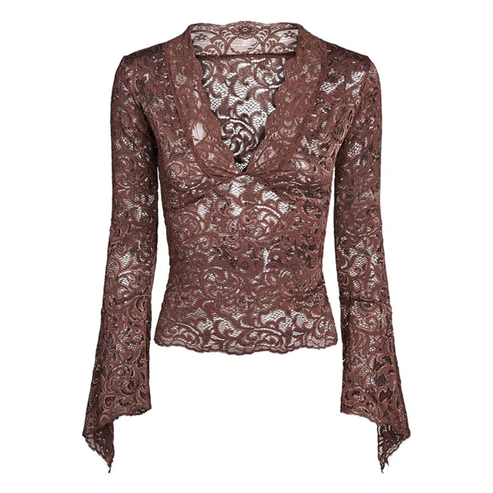 Deep V Neck Top Women Fashionable Elegant Lace Slim Fit Long Bell Sleeve Shirt Blouse for Dating Brown M