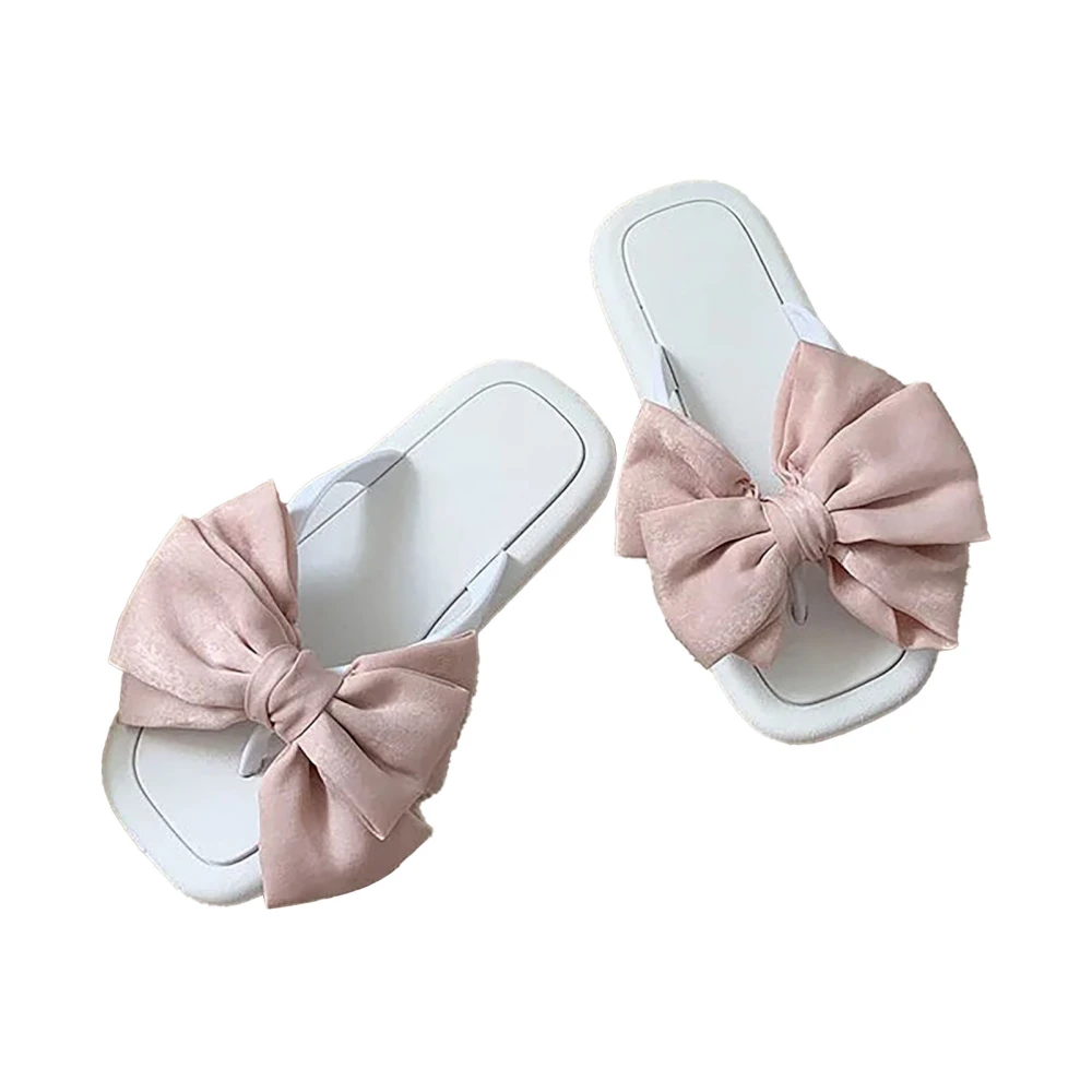 Woman Summer Bowknot Slippers Open Toe PVC Comfortable Thick Bottom Flat Slide Slippers White 36 Or 37 Size