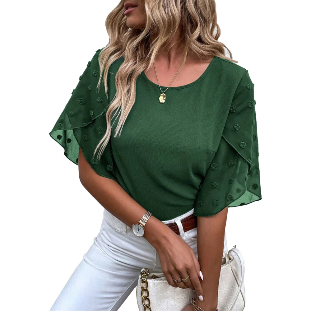 Women Petal Sleeve Top Round Neck Mesh Splicing Shirt Pure Color Loose Casual Top Green S