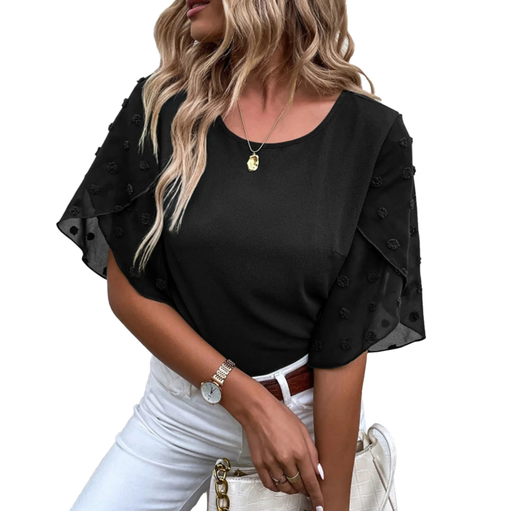 Women Petal Sleeve Top Round Neck Mesh Splicing Shirt Pure Color Loose Casual Top Black L