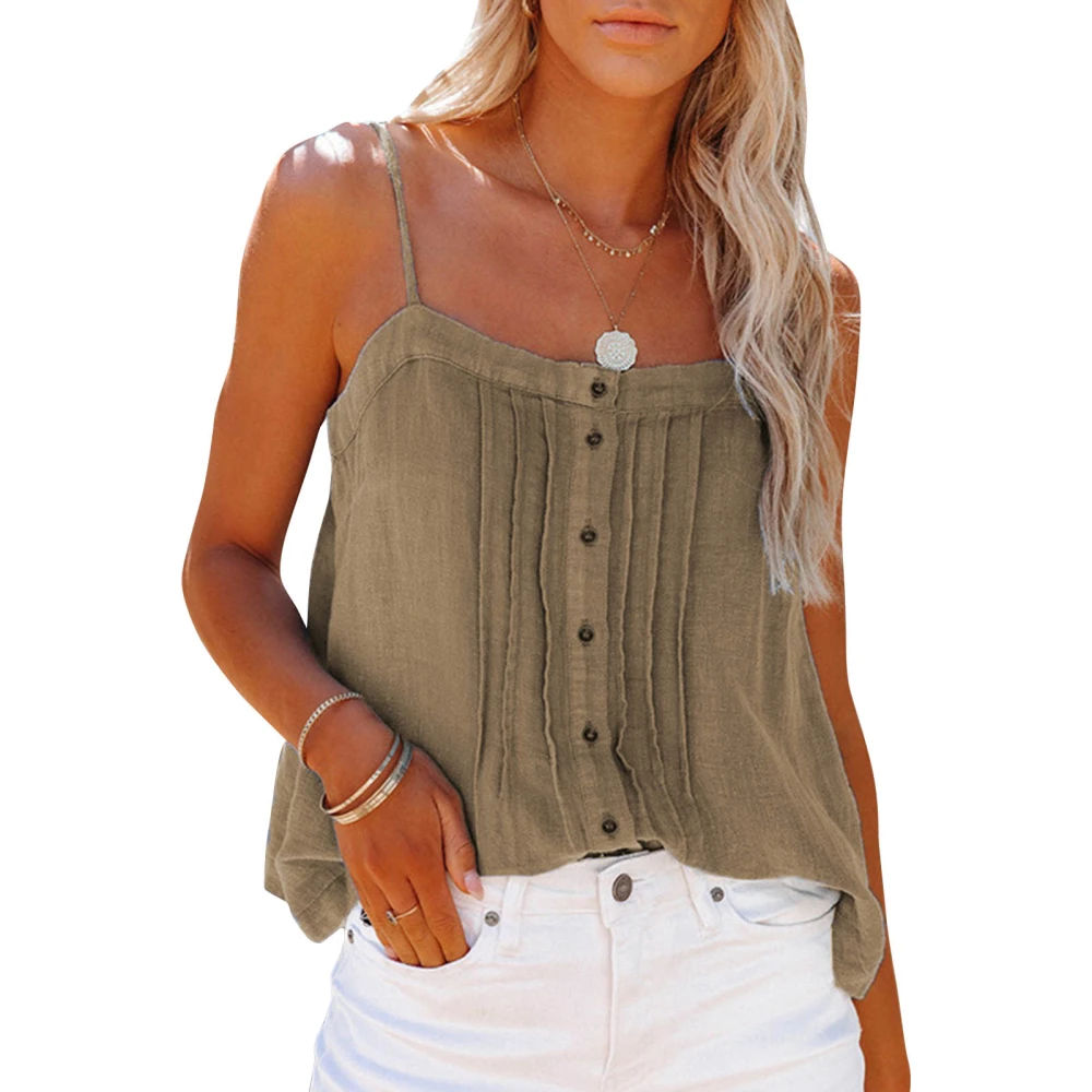 Women Camisole Tank Top Spaghetti Strap Button Front Backless Casual Sleeveless T Shirt Khaki M