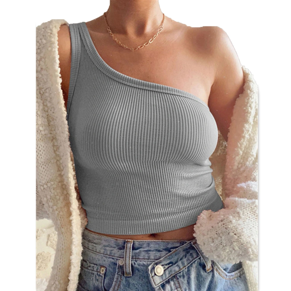 Women Rib Knit Tank Top Sleeveless Backless Shirt One Shoulder Shirt Summer Pure Color Slimming Top Grey L