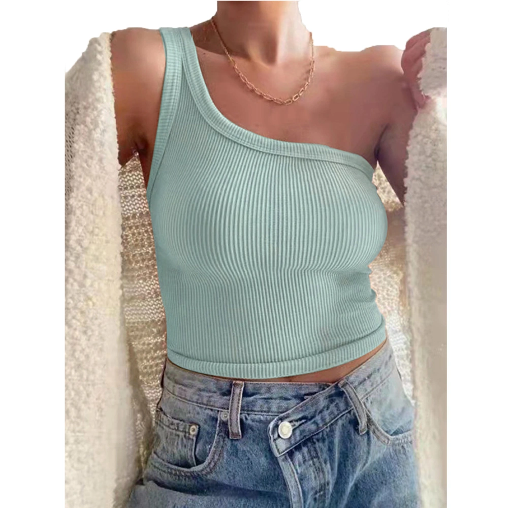 Women Rib Knit Tank Top Sleeveless Backless Shirt One Shoulder Shirt Summer Pure Color Slimming Top Green M