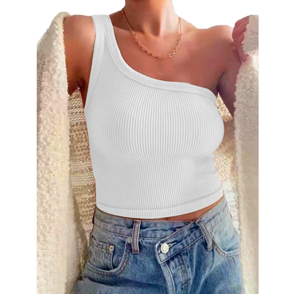 Women Rib Knit Tank Top Sleeveless Backless Shirt One Shoulder Shirt Summer Pure Color Slimming Top White L