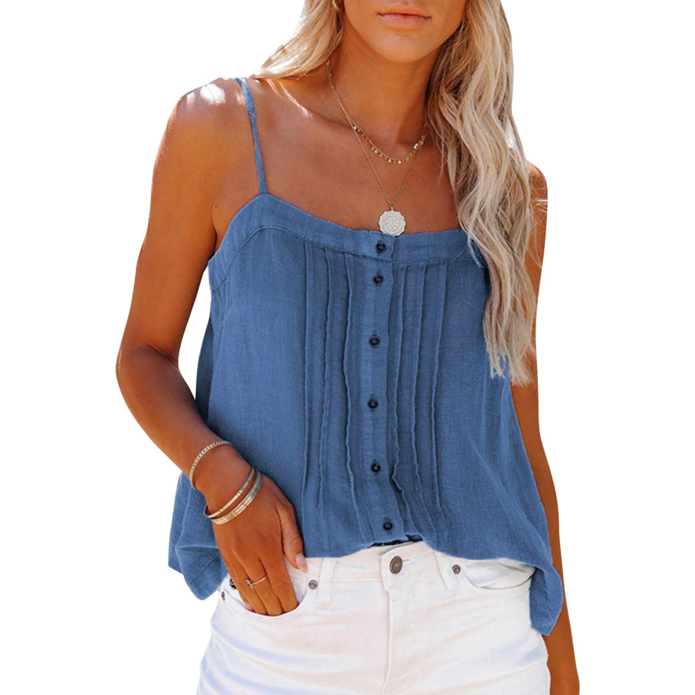 Women Camisole Tank Top Spaghetti Strap Button Front Backless Casual Sleeveless T Shirt Blue XL