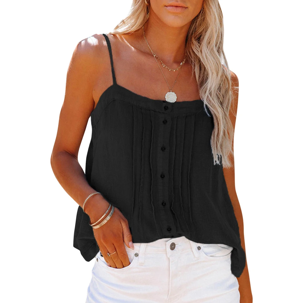 Women Camisole Tank Top Spaghetti Strap Button Front Backless Casual Sleeveless T Shirt Black XL