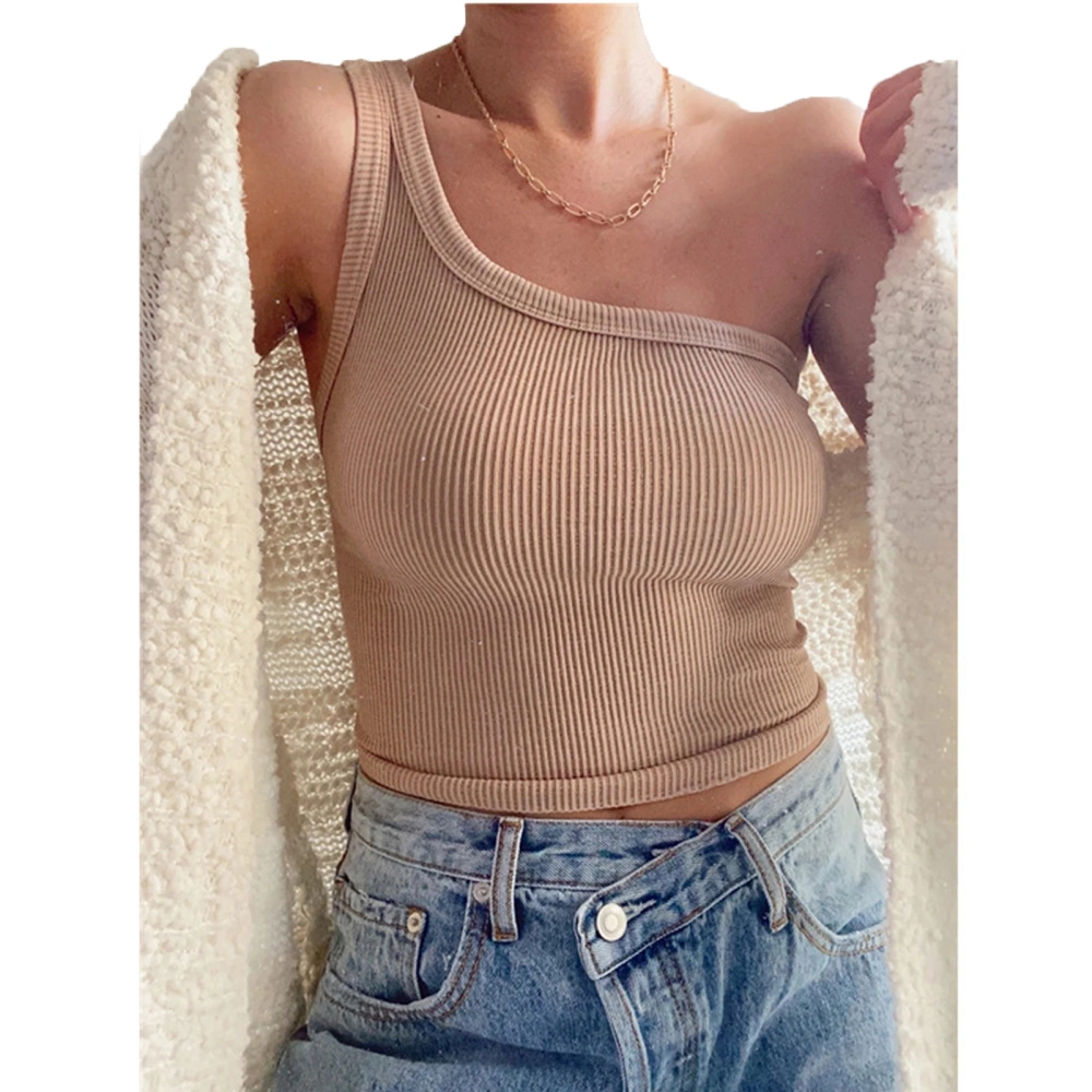 Women Rib Knit Tank Top Sleeveless Backless Shirt One Shoulder Shirt Summer Pure Color Slimming Top Khaki S