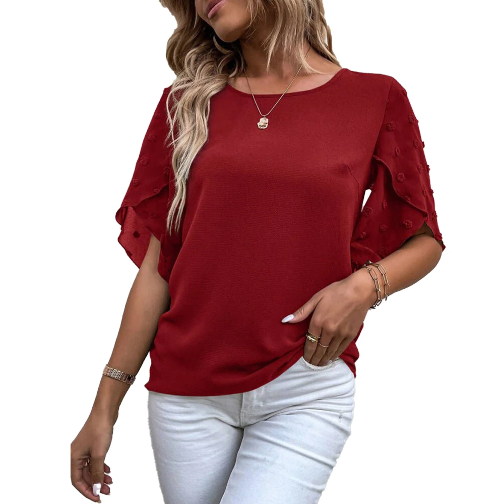 Women Petal Sleeve Top Round Neck Mesh Splicing Shirt Pure Color Loose Casual Top Burgundy XXL