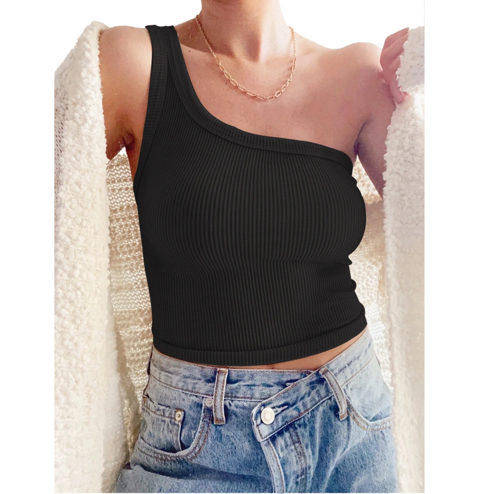 Women Rib Knit Tank Top Sleeveless Backless Shirt One Shoulder Shirt Summer Pure Color Slimming Top Black L