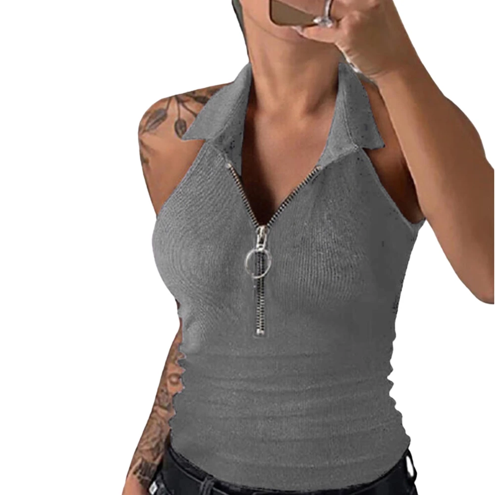 Sleeveless Zipper Tank Plain Color Turn Down Collar Ribbed Sleeveless Tank Top for Women Lady Grey XL