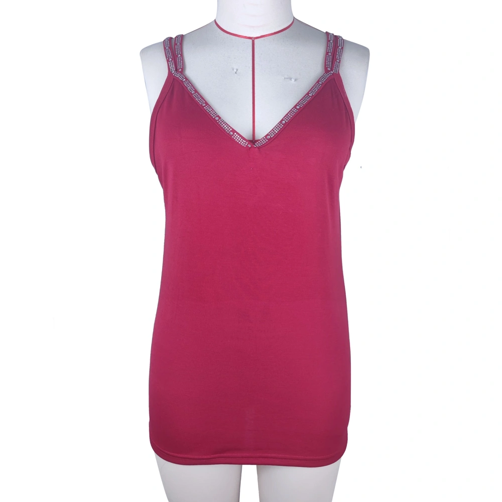 Rhinestone V Neck Camisole Women Casual Elegant Fashionable Double Strap Tank Top for Holiday Party Burgundy M