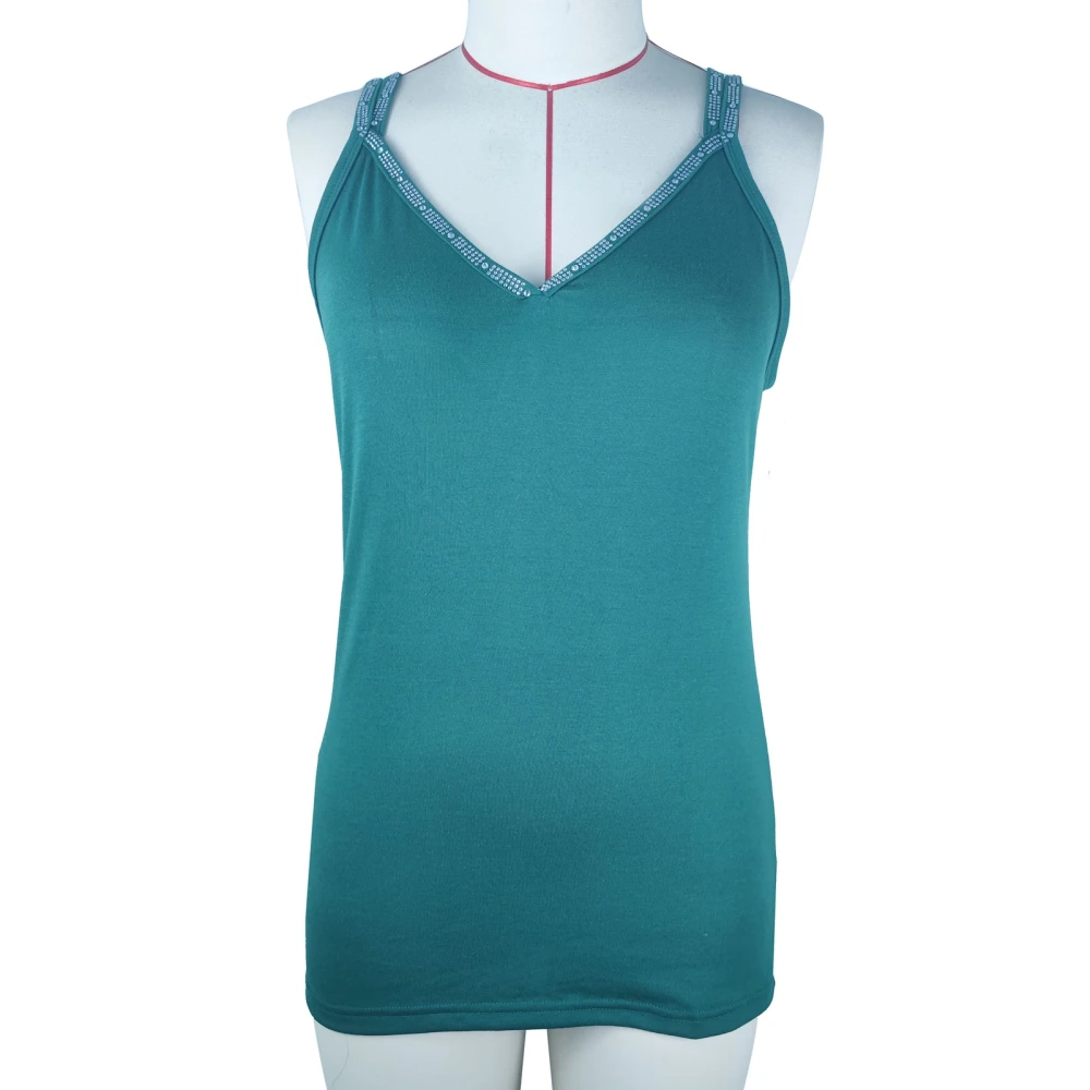 Rhinestone V Neck Camisole Women Casual Elegant Fashionable Double Strap Tank Top for Holiday Party Green XXL