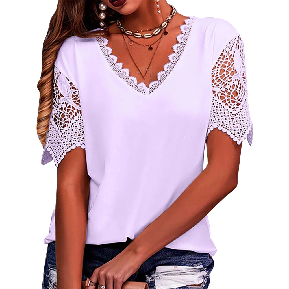 Lace Short Sleeve T Shirt Women Elegant Loose Casual Plain Color Lace V Neck Top Blouse for Office Work Light Purple M