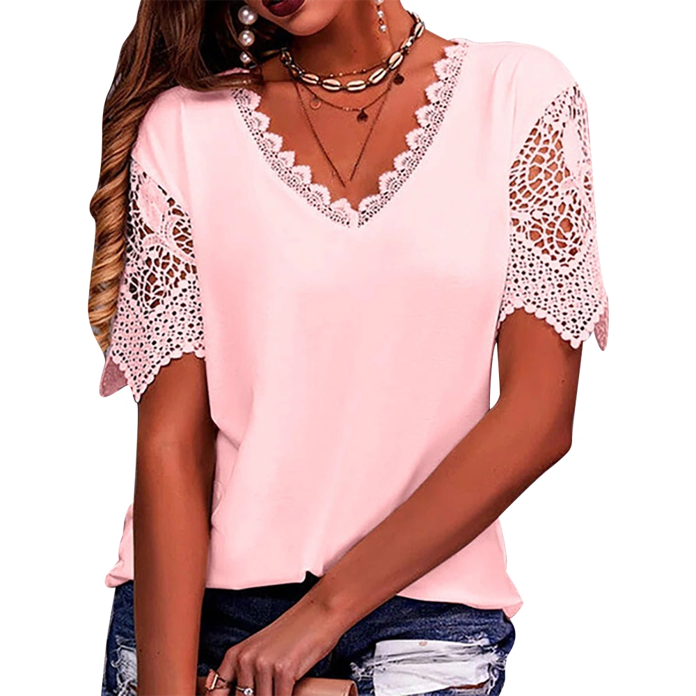 Lace Short Sleeve T Shirt Women Elegant Loose Casual Plain Color Lace V Neck Top Blouse for Office Work Pink S