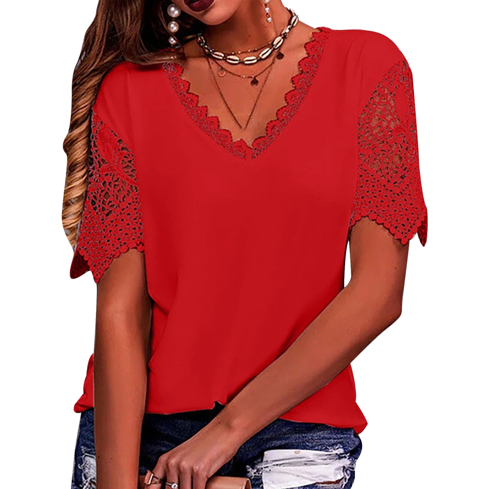 Lace Short Sleeve T Shirt Women Elegant Loose Casual Plain Color Lace V Neck Top Blouse for Office Work Red M