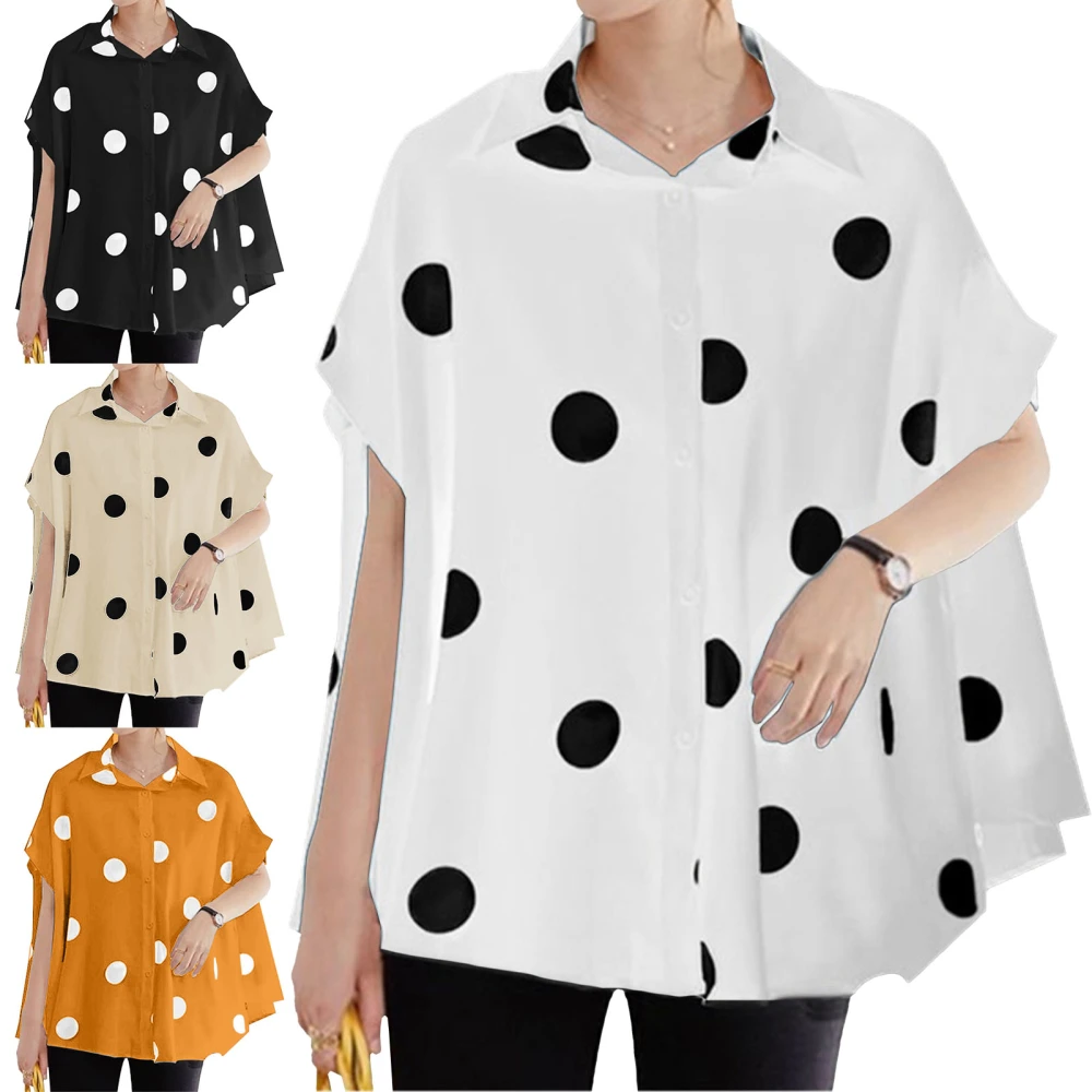 Women Dot Print Blouse Short Sleeve Turn Down Collar Single Breasted Casual Loose Top for Summer White XL