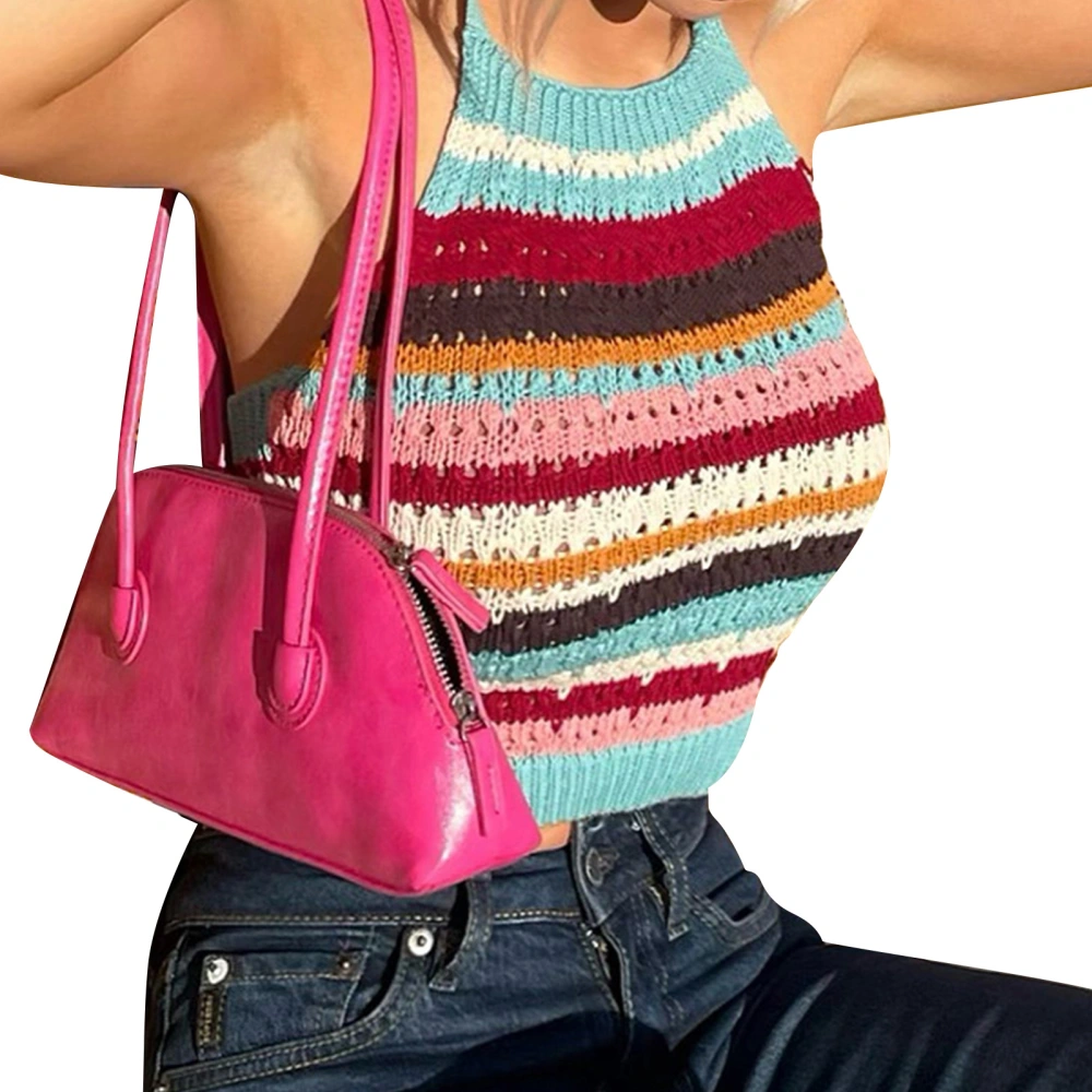 Women Knitted Tank Top Halter Neck Backless Short Type Summer Slim Fit Sleeveless Vest Colorful Stripes L