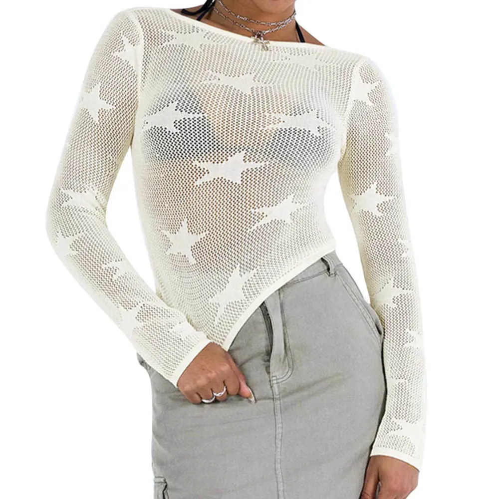 Long Sleeve Crewneck Crochet Knit Hollow Top Women See Through Back Neck Tie Star Print Cover Up White M