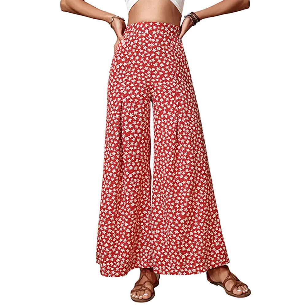 Women Loose Pants Wide Leg High Waist Floral Printed Pleated Bell Bottomed Trousers for Female Red L