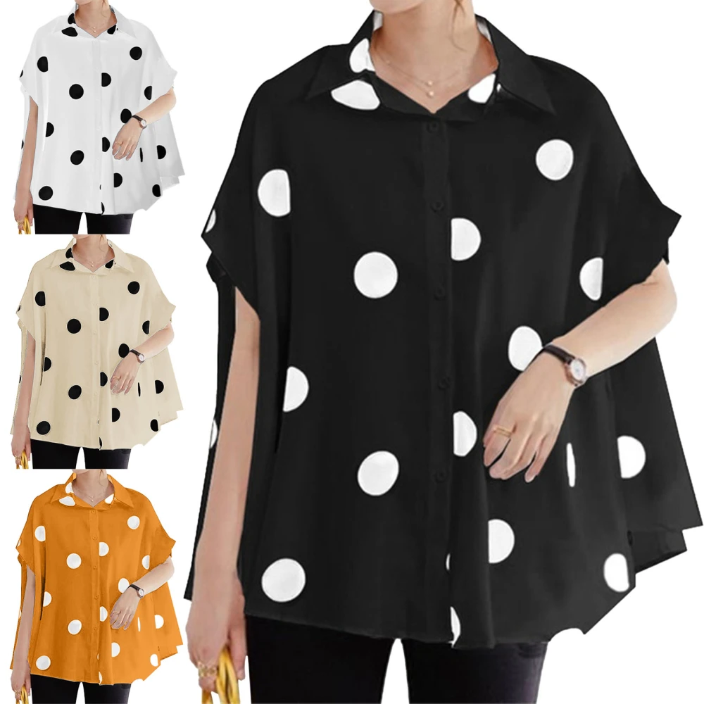 Women Dot Print Blouse Short Sleeve Turn Down Collar Single Breasted Casual Loose Top for Summer Black M