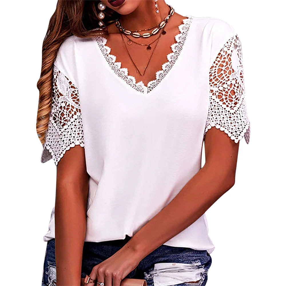 Lace Short Sleeve T Shirt Women Elegant Loose Casual Plain Color Lace V Neck Top Blouse for Office Work White M