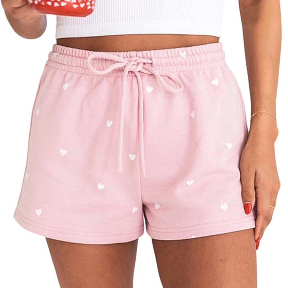 Womens Summer Casual Love Printed Shorts Drawstring Elastic Waist Comfy Shorts Pants Pink M