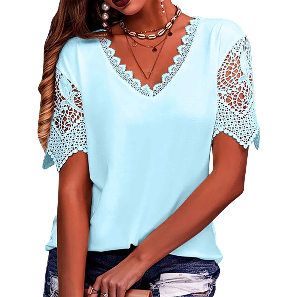 Lace Short Sleeve T Shirt Women Elegant Loose Casual Plain Color Lace V Neck Top Blouse for Office Work Light Blue M