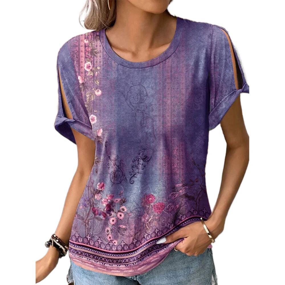 Women Short Sleeve Tops Casual Comfort Round Neck Fashion Printed Blouse for Working Dating Purple 3XL