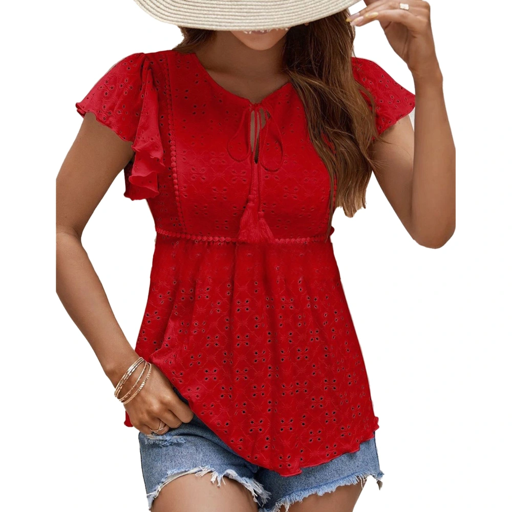 Women Ruffle Cap Sleeve Eyelet Top Tie V Neck Pure Color Dressy Summer Casual Blouse Red XL