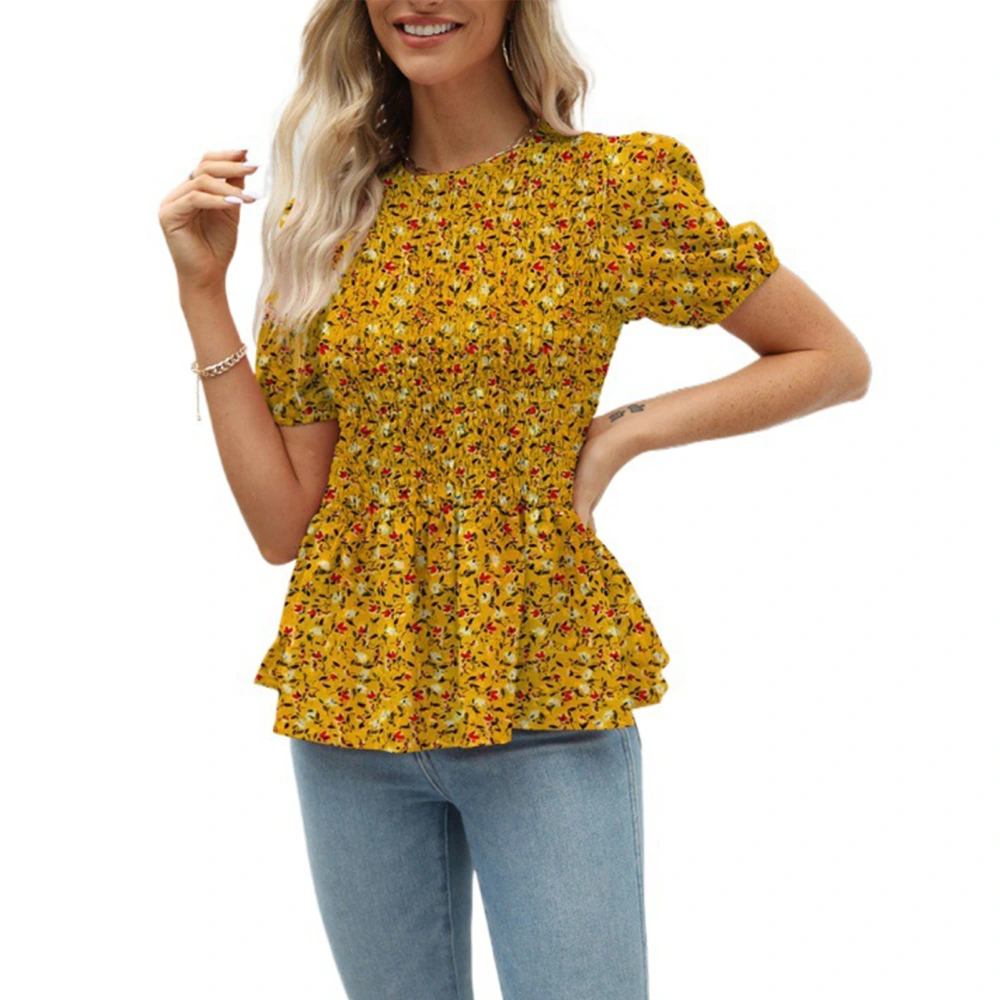 Shirred Floral Blouse Pattern Short Sleeved Fashionable Shirred Blouse Top for Women Lady Girl Yellow L