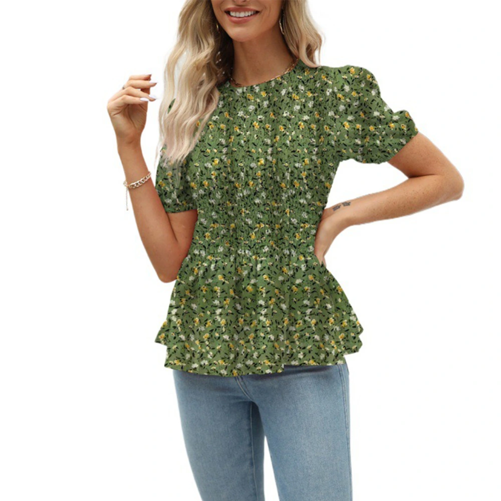 Shirred Floral Blouse Pattern Short Sleeved Fashionable Shirred Blouse Top for Women Lady Girl Green M