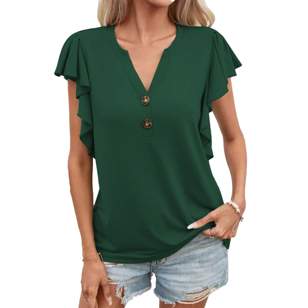 Women V Neck Ruffled Sleeve T Shirt Fashionable Elegant Button Ruffle Short Sleeve Blouse Top Dark Green XL