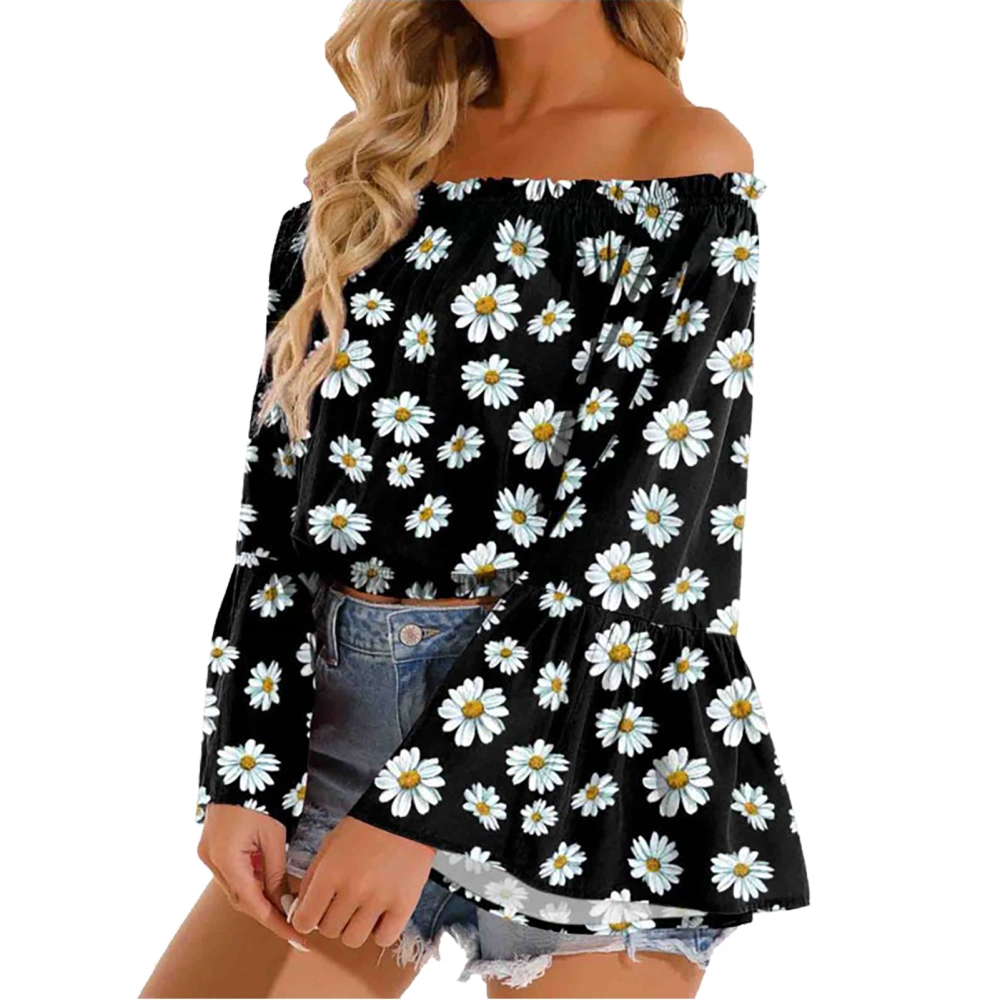 Women Off Shoulder Top Casual Flared Long Sleeve Frill Blouse Ruffle Loose Elegant Shirt Black Daisy M