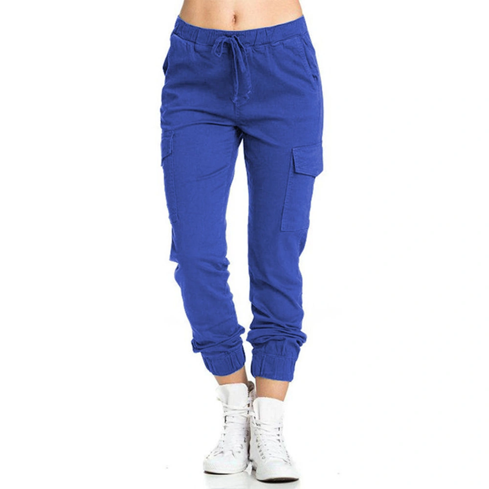 Women Casual Cargo Pants Loose Drawstring Elastic Middle Waisted Trousers with Side Pocket Enamel Blue M