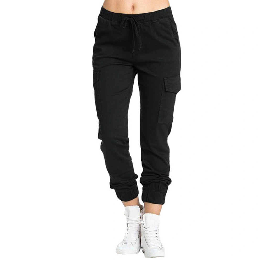 Women Casual Cargo Pants Loose Drawstring Elastic Middle Waisted Trousers with Side Pocket Black M