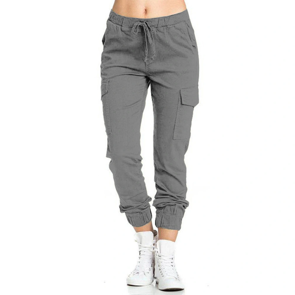 Women Casual Cargo Pants Loose Drawstring Elastic Middle Waisted Trousers with Side Pocket Grey XL