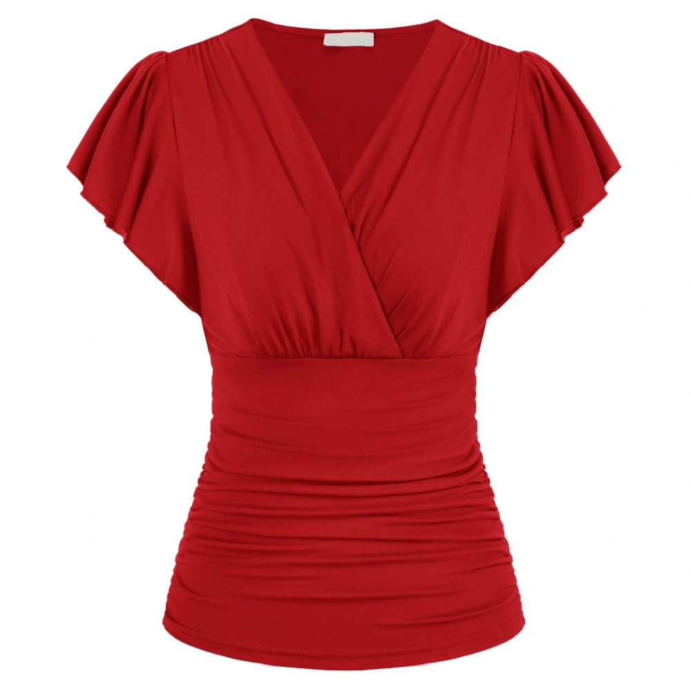 Wrap V Neck Cap Sleeve Top Women Casual Elegant Stylish Slim Fit Plain Color Ruched Waist Shirt Blouse Red L