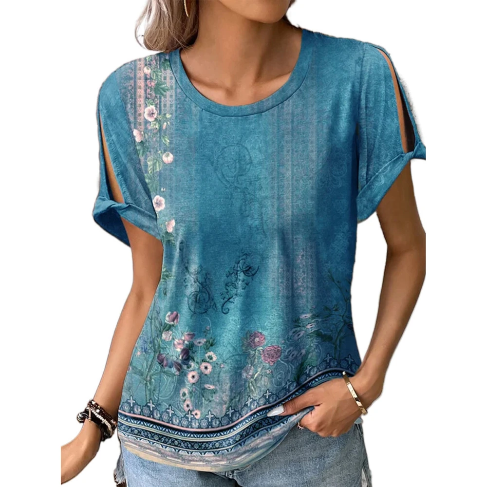 Women Short Sleeve Tops Casual Comfort Round Neck Fashion Printed Blouse for Working Dating Blue S