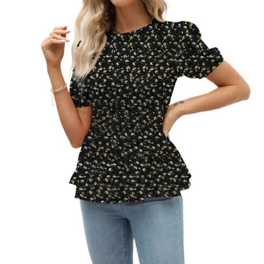 Shirred Floral Blouse Pattern Short Sleeved Fashionable Shirred Blouse Top for Women Lady Girl Black XL