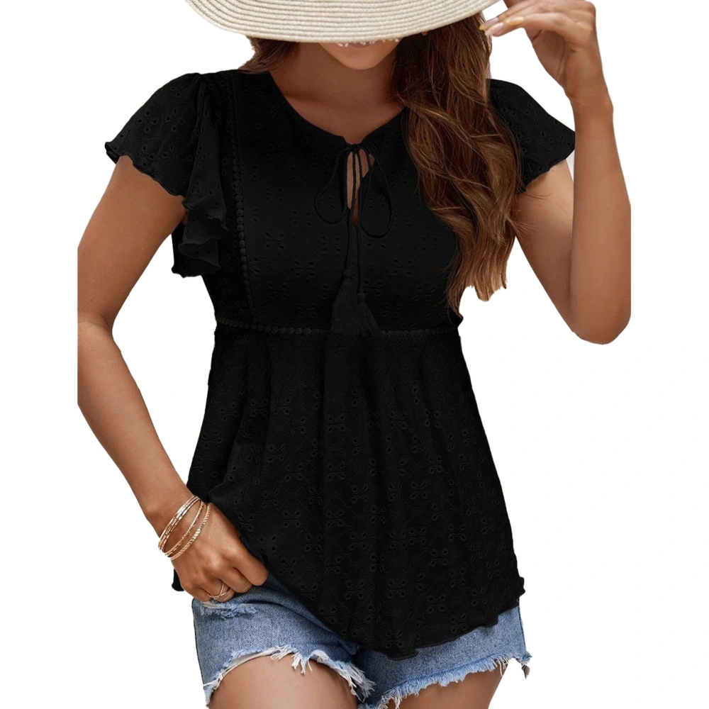 Women Ruffle Cap Sleeve Eyelet Top Tie V Neck Pure Color Dressy Summer Casual Blouse Black XL