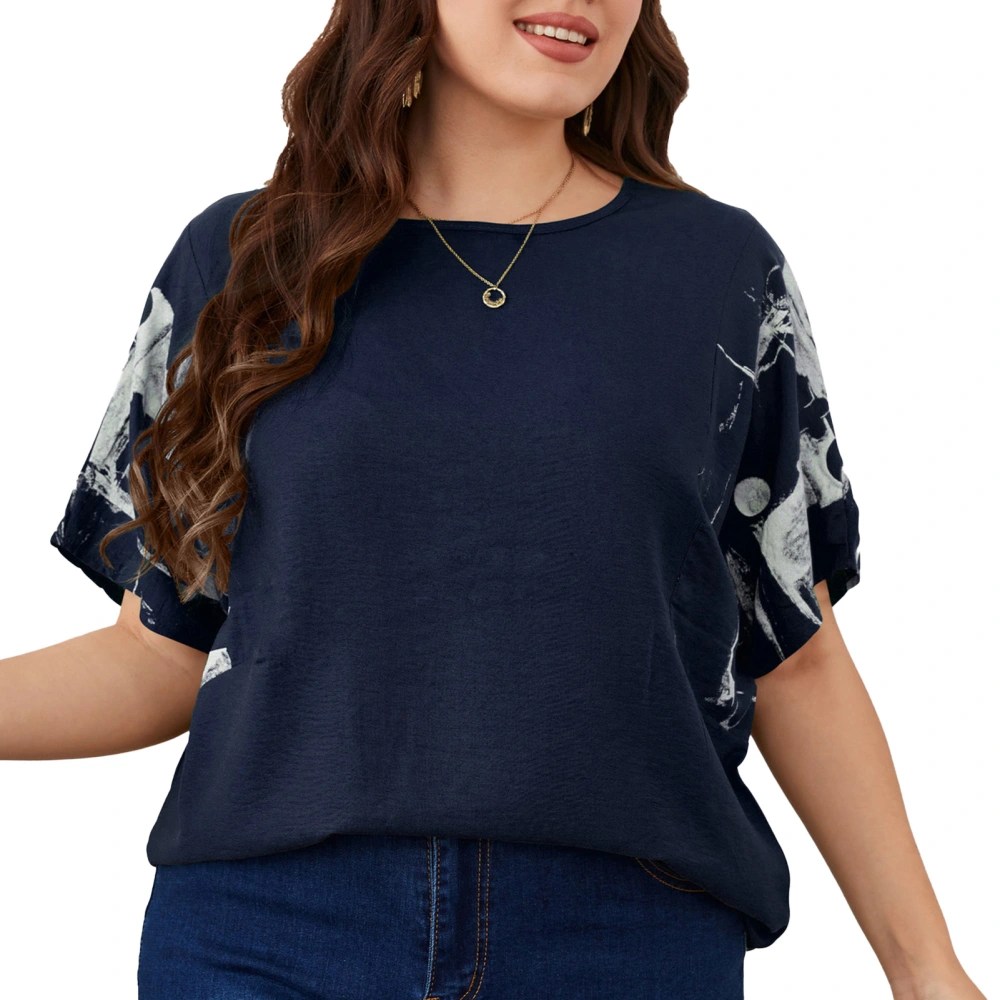 Oversized Short Sleeve Blouse Loose Fitted Printed Round Neck Oversized Blouse Top for Women Lady Royal Blue XL