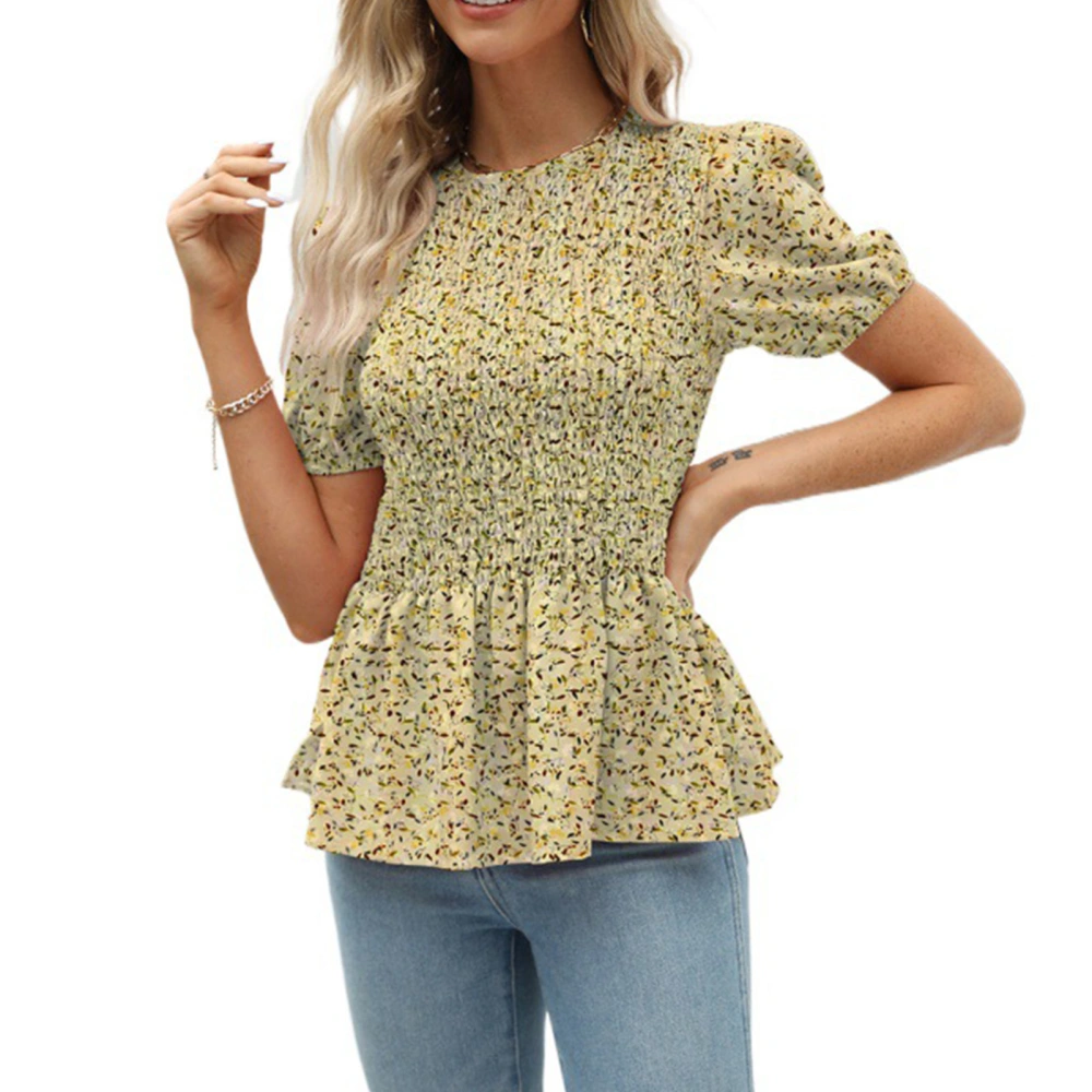 Shirred Floral Blouse Pattern Short Sleeved Fashionable Shirred Blouse Top for Women Lady Girl Beige L