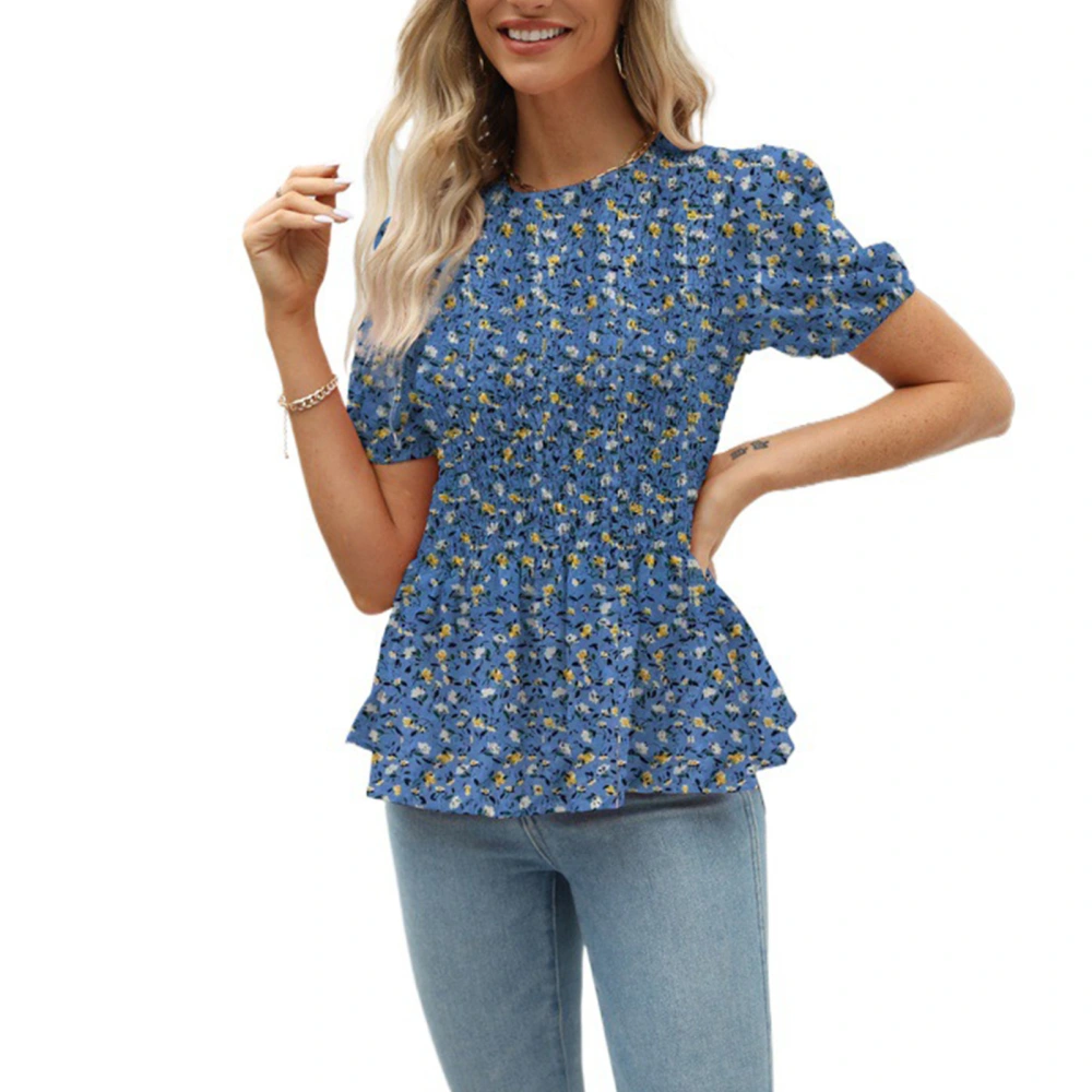 Shirred Floral Blouse Pattern Short Sleeved Fashionable Shirred Blouse Top for Women Lady Girl Blue XL