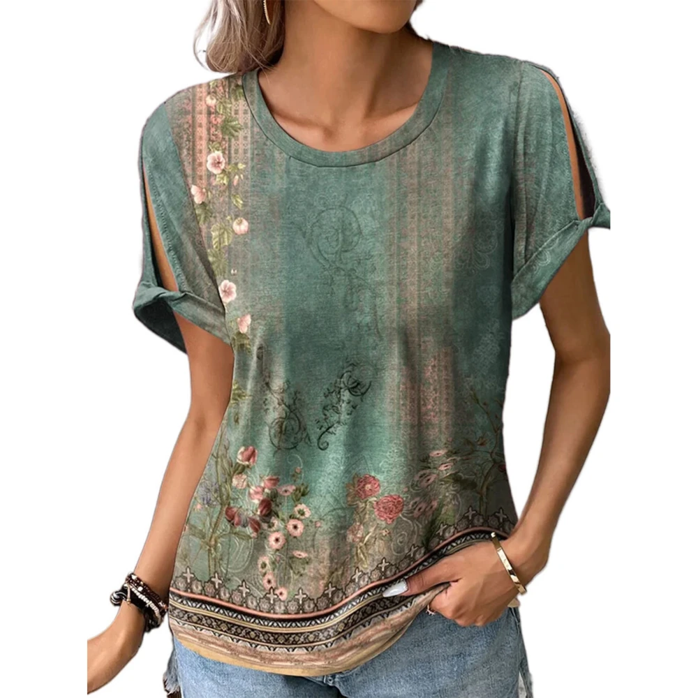 Women Short Sleeve Tops Casual Comfort Round Neck Fashion Printed Blouse for Working Dating Green L