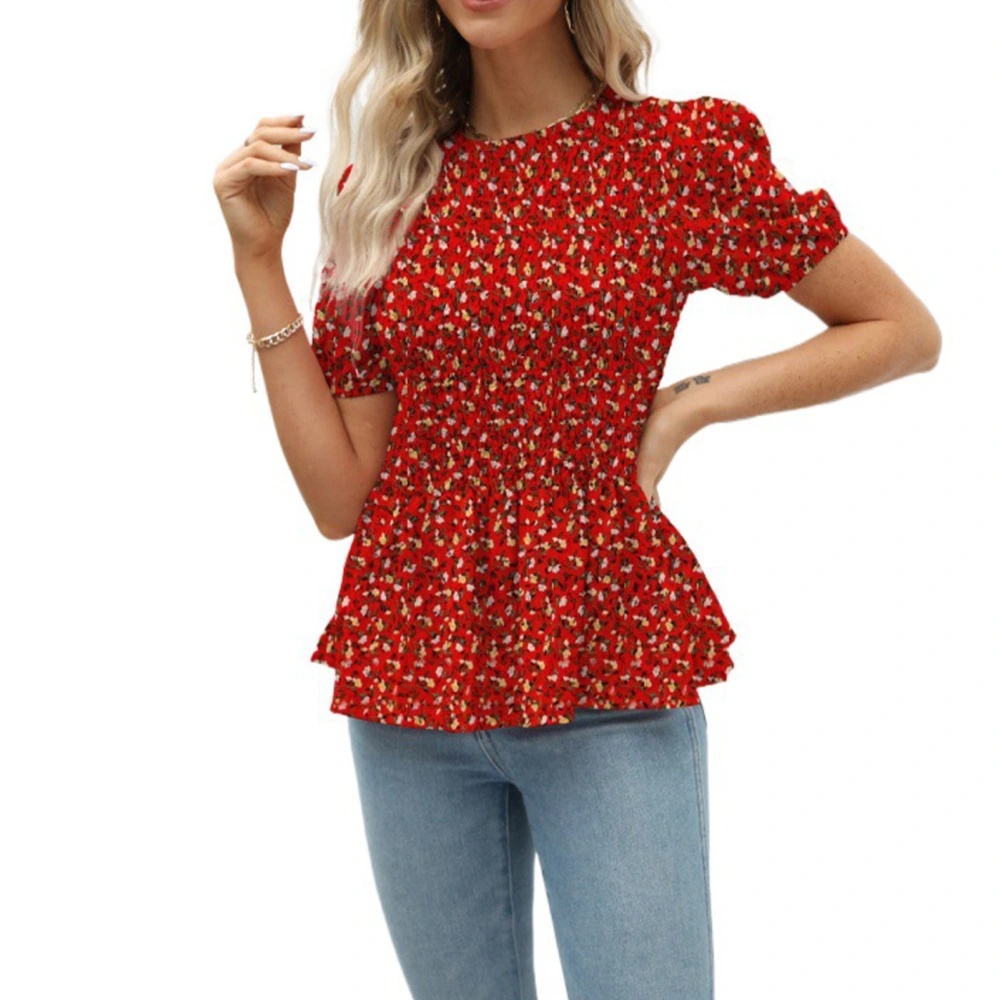 Shirred Floral Blouse Pattern Short Sleeved Fashionable Shirred Blouse Top for Women Lady Girl Red S