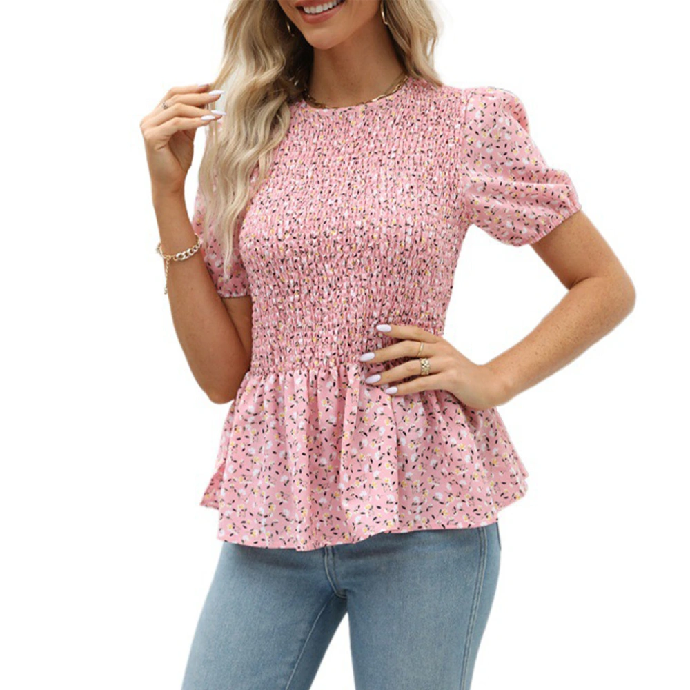 Shirred Floral Blouse Pattern Short Sleeved Fashionable Shirred Blouse Top for Women Lady Girl Pink M