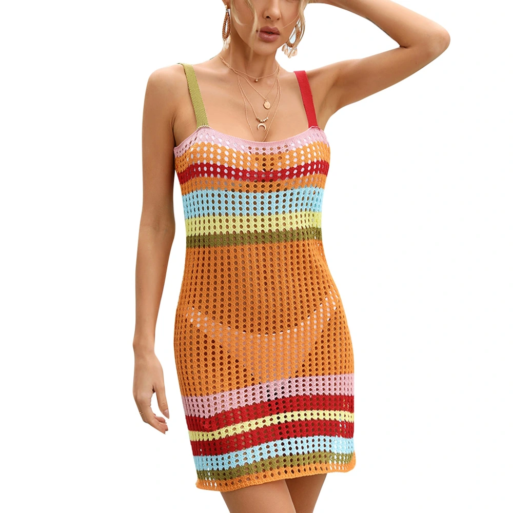 Sleeveless Knitted Hollow Out Dress Colorful Stripe Patchwork Backless Fashionable Beach Bikini Dress for Summer Orange XL