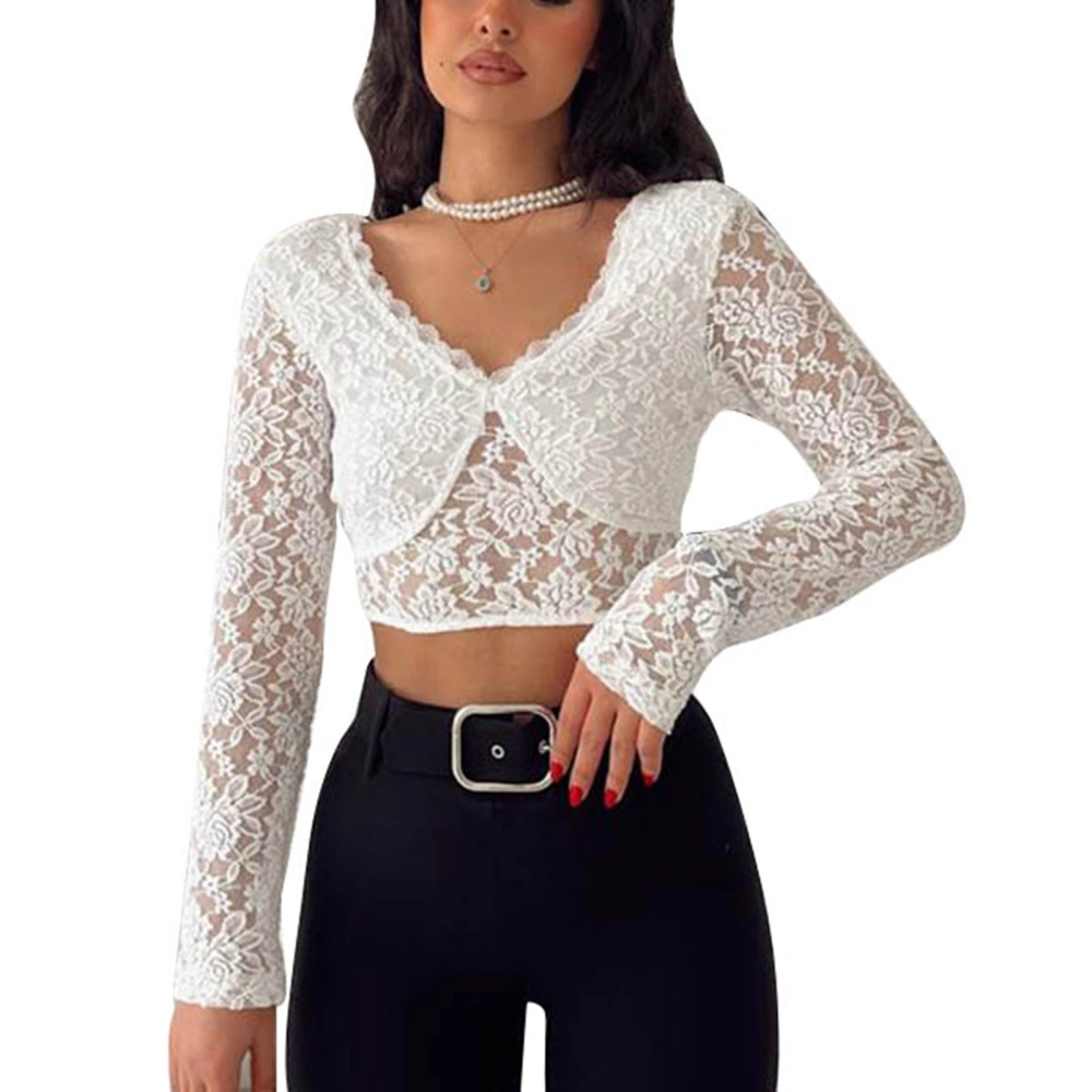 Women Lace Short Top Long Sleeve V Neck Waistless Slim Fit Breathable Women Short Top for Summer Daily Party Dating White S